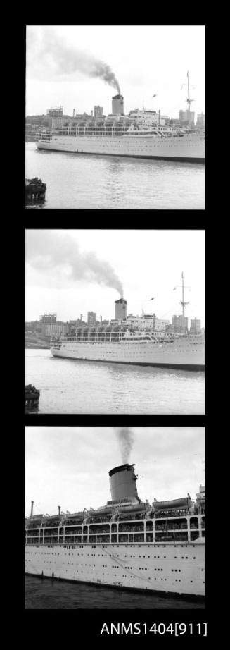 Photographic negative with three frames depicting the passenger liner HIMALAYA coming into port