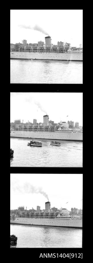 Photographic negative with three frames depicting the passenger liner HIMALAYA coming into port