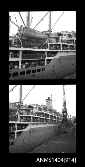 Photographic negative with two frames depicting a passenger liner in port, possibly ORCADES