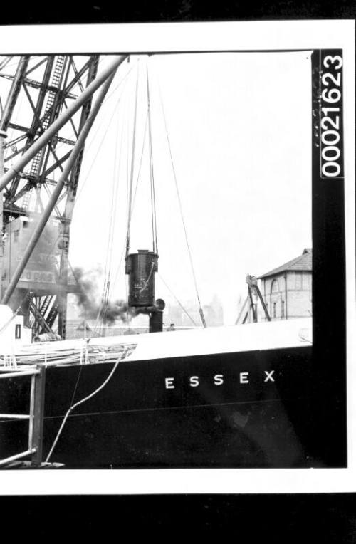 Floating crane TITAN being used to unload cargo from ESSEX, Jones Bay wharf, Pyrmont