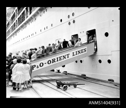 Photographic negative depicting passengers boarding the P&O liner ORONSAY