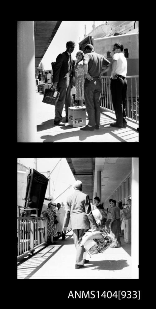 Two frame photographic negative depicting passengers boarding the P&O liner ORONSAY