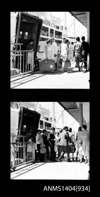 Two frame photographic negative depicting passengers disembarking the P&O liner ORONSAY