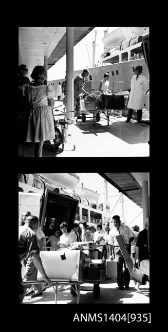 Two frame photographic negative depicting passengers boarding the P&O liner ORONSAY