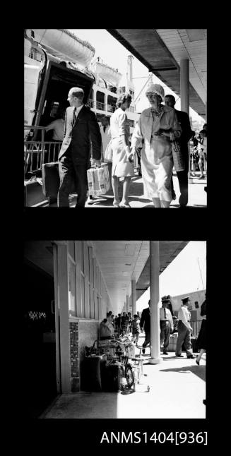 Two frame photographic negative depicting passengers boarding the P&O liner ORONSAY