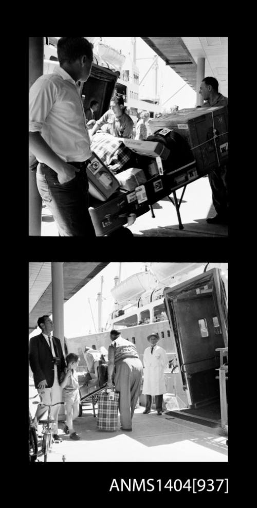 Two frame photographic negative depicting passengers boarding the P&O liner ORONSAY