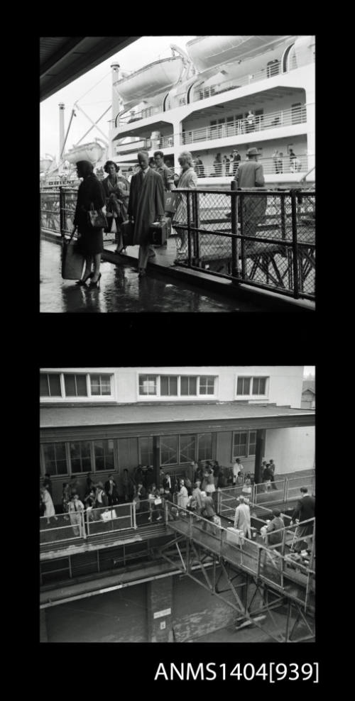 Two frame photographic negative depicting passengers disembarking the P&O liner ORONSAY