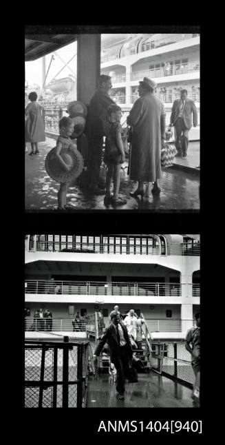 Two frame photographic negative depicting passengers boarding and disembarking the P&O liner ORONSAY