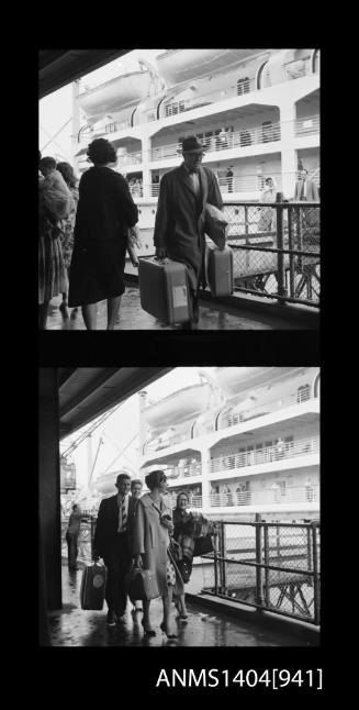 Two frame photographic negative depicting passengers boarding and disembarking the P&O liner ORONSAY