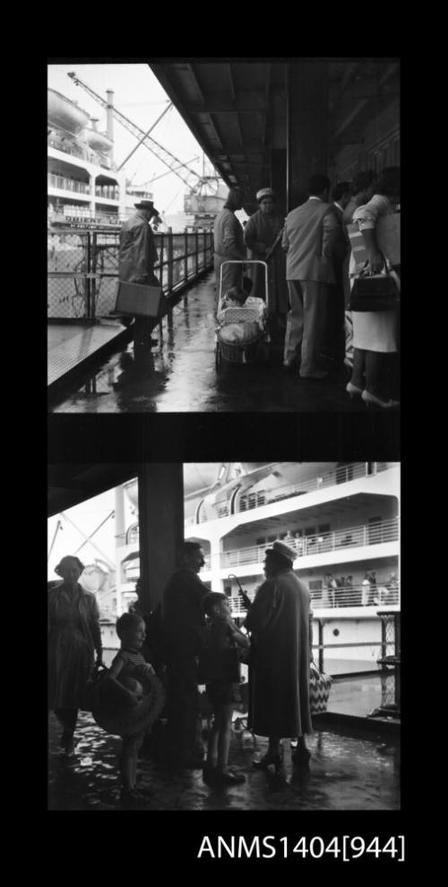 Two frame photographic negative depicting passengers waiting beside the P&O liner ORONSAY