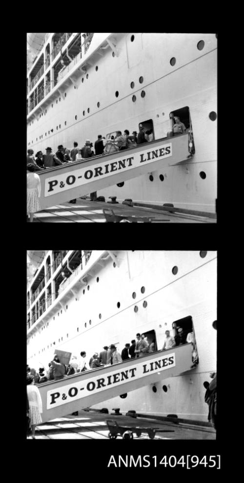 Two frame photographic negative depicting passengers boarding the P&O liner ORONSAY