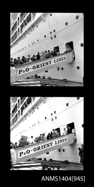 Two frame photographic negative depicting passengers boarding the P&O liner ORONSAY