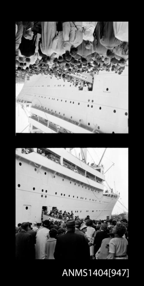 Two frame photographic negative depicting passengers boarding the P&O liner ORONSAY