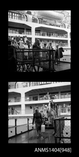 Two frame photographic negative depicting passengers disembarking the P&O liner ORONSAY