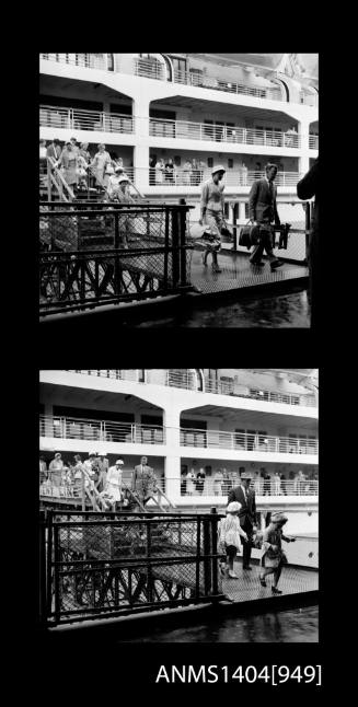 Two frame photographic negative depicting passengers disembarking the P&O liner ORONSAY