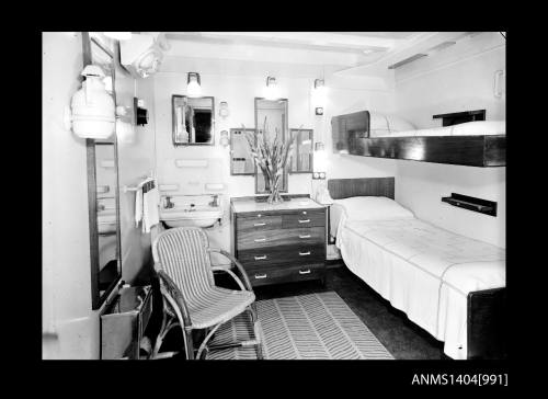 Negative depicting interior of cabin aboard a P&O Orient passenger liner