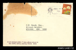 Envelope addressed to O W Speck Esq