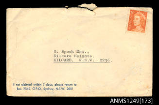 Envelope addressed to O W Speck Esq