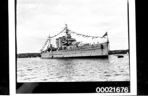 View of HMAS AUSTRALIA (II) as flagship for the Anniversary Regatta on 26 January 1948