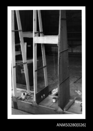 Turning block support for upper flap of catamaran MISS NYLEX in Len Dobson's workshop, Sandringham 