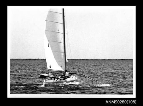 Trimaran under sail off Cabrillo Beach, California  