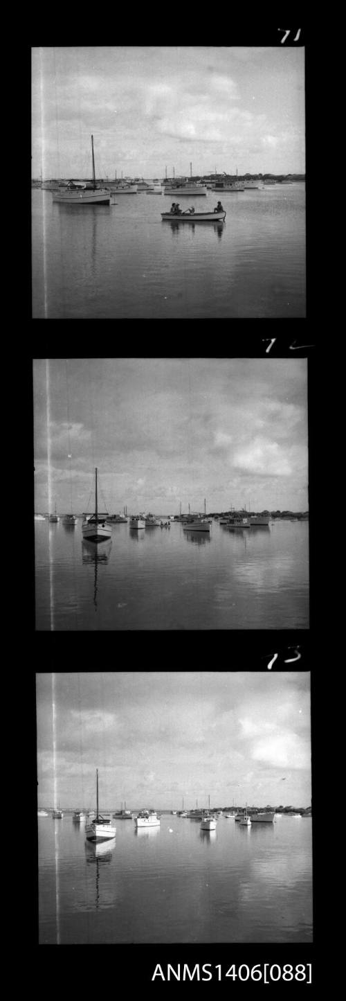 Negative depicting three shots of moored boats in a bay