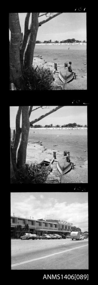 Negative depicting three shots of tourism in Surfers Paradise, circa 1960s, including swimming at the beach and the front of the Gold Coast Hotel