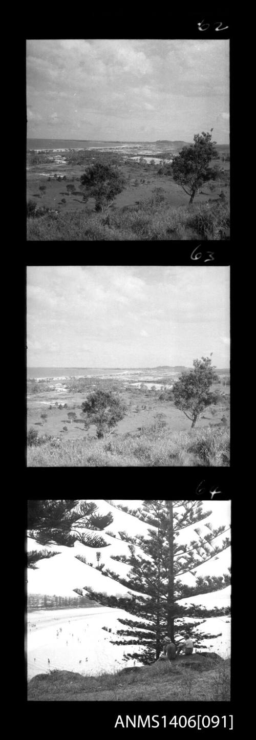 Negative depicting three shots of tourism in Surfers Paradise, circa 1960s, including the beach and landscapes