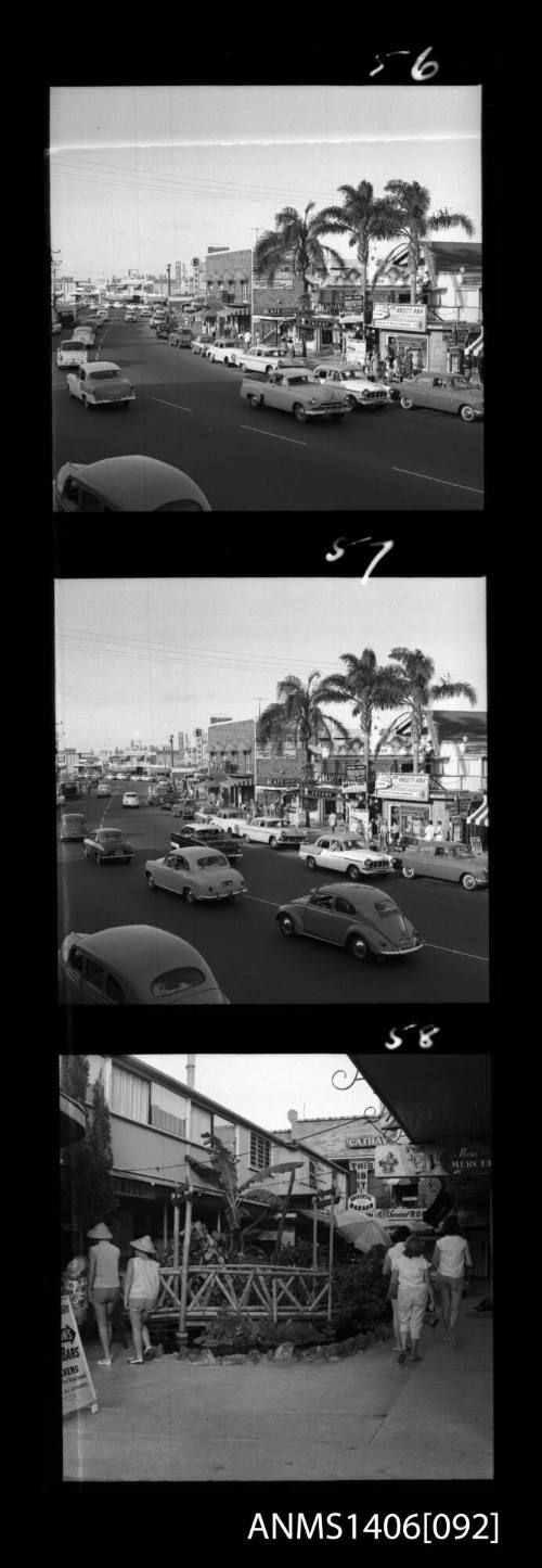 Negative depicting three shots of tourism in Surfers Paradise, circa 1960s, including the main street and shops