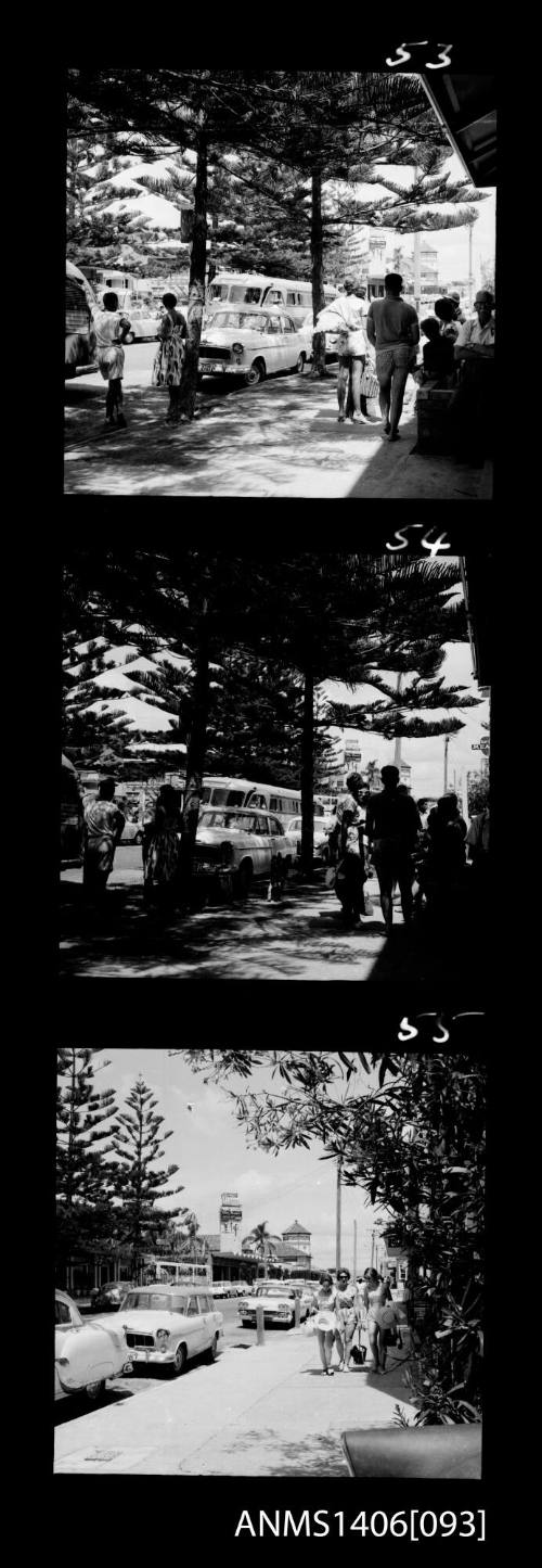 Negative depicting three shots of tourism in Surfers Paradise, circa 1960s, including the main street and shops