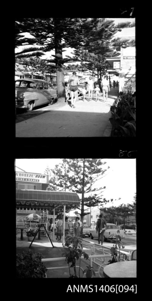 Negative depicting two shots of tourism in Surfers Paradise, circa 1960s, including the main street and shops