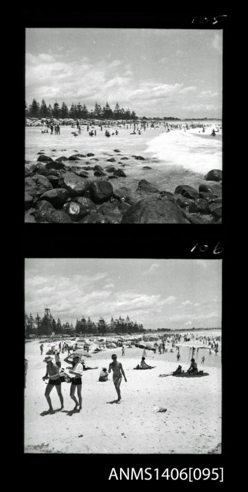 Negative depicting two shots of tourism in Surfers Paradise, circa 1960s, including the beach