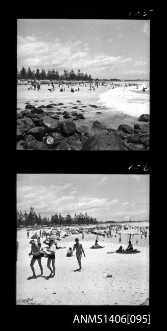 Negative depicting two shots of tourism in Surfers Paradise, circa 1960s, including the beach