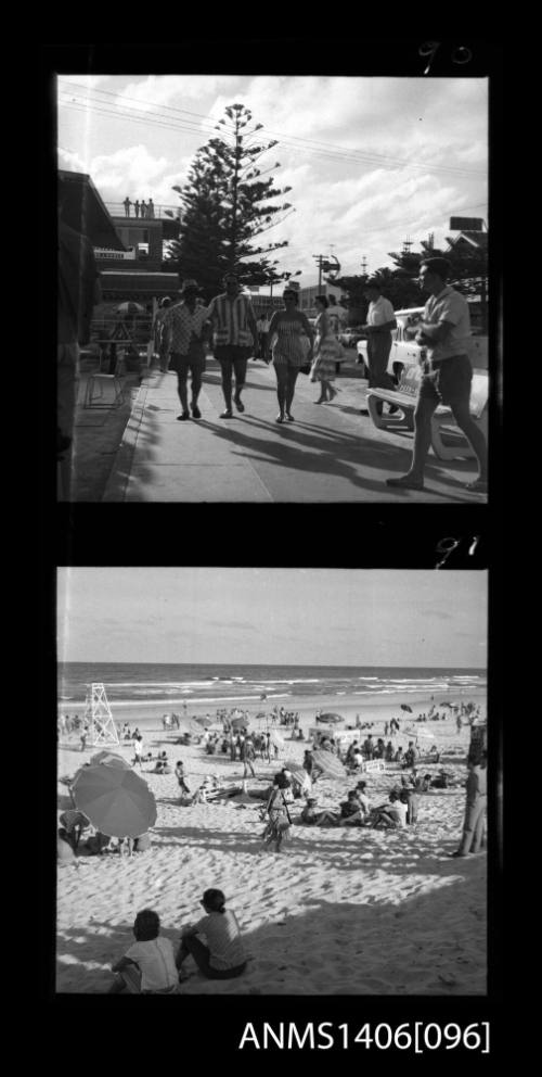 Negative depicting two shots of tourism in Surfers Paradise, circa 1960s, including the main street and beach
