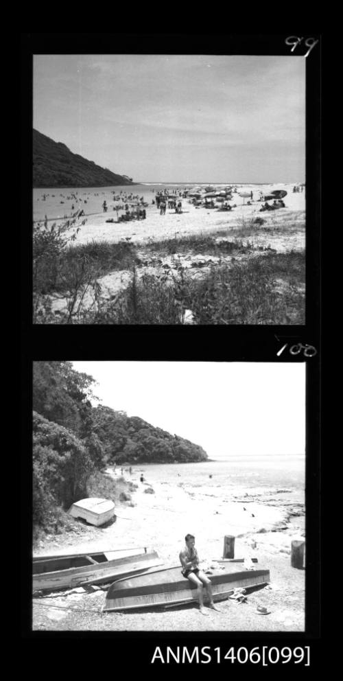 Negative depicting two shots of tourism in Surfers Paradise, circa 1960s, including the beach