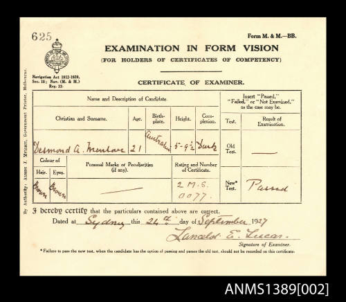 Examination In Form Vision Certificate issued to Desmond A Menlove