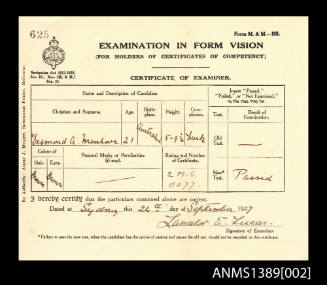 Examination In Form Vision Certificate issued to Desmond A Menlove