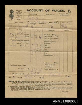 Account of Wages issued to Desmond A Menlove