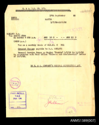 Note of payment issued to Captain Menlove