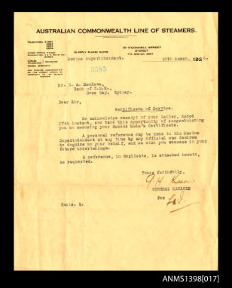 Certificate of Service issued to Desmond A Menlove