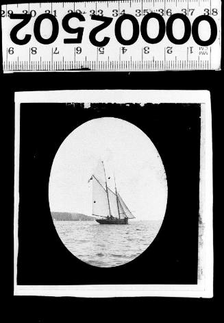 Stern and starboard view of schooner under sail, possibly CANOMIE