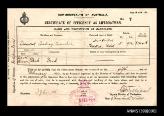 Certificate of Efficiency as Lifeboatman issued to Desmond A Menlove