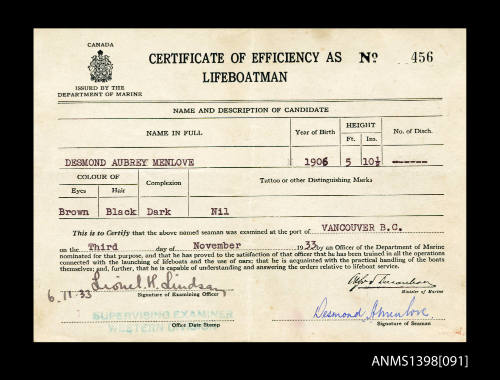 Certificate of Efficiency as Lifeboatman issued to Desmond A Menlove