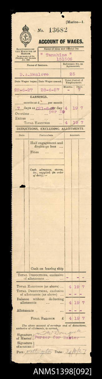 Account of wages issued to Desmond A Menlove
