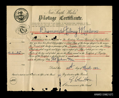 Pilotage certificate issued to Desmond Aubrey Menlove