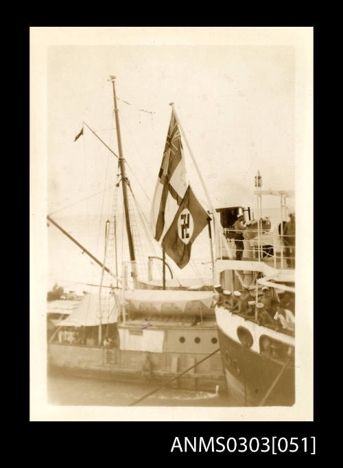 The victorious crew of HMS KANIMBLA on board the salvaged German cargo ship HOHENFELS, Bandar Shapur, Persian Gulf.