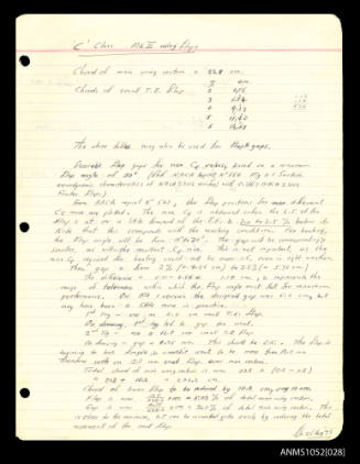 Handwritten notes by Roy Martin relating to C Class MK II wing flaps