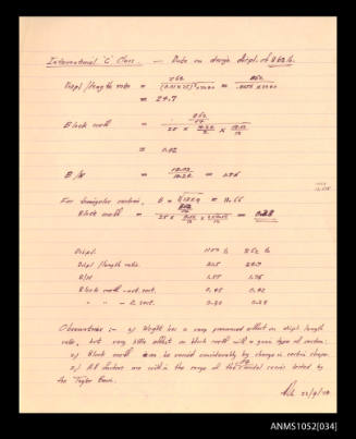 Handwritten notes by Roy Martin relating to data for international C Class design