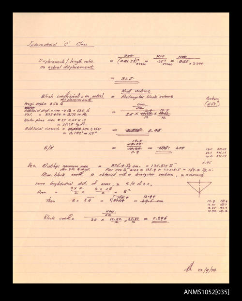 Handwritten notes by Roy Martin relating to data for international C Class vessels
