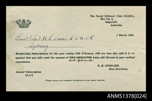 Membership subscription request from R H Goddard, Hon Secretary, to Lieut ( Sp ) H E Carse RANVR